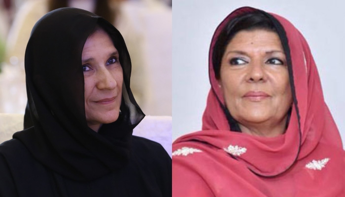 پی ٹی آئی چیئرمین عمران خان کی بہنیں عظمیٰ خان (بائیں) اور علیمہ خان۔  - نمل نالج سٹی
