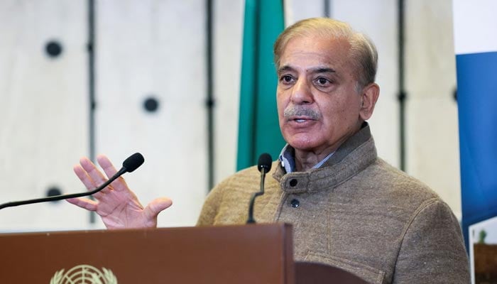 Prime Minister Shehbaz Sharif speaks at a news conference, during a summit on climate resilience in Pakistan, months after deadly floods in the country, at the United Nations, in Geneva, Switzerland, January 9, 2023. — Reuters