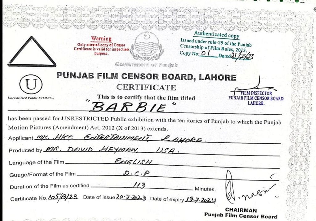 — The clearance certificate issued for Barbie by the Punjab Film Censor Board on July 20.