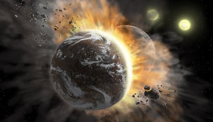 Artist’s concept illustrating a catastrophic collision between two rocky exoplanets in the planetary system. —NASA/File