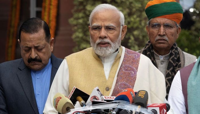 Indias Prime Minister Narendra Modi speaks with the media inside the parliament premises upon his arrival on the first day of the budget session in New Delhi, India, January 31, 2023. — Reuters