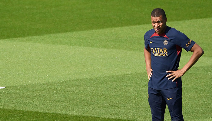 Paris Saint-Germain´s French forward Kylian Mbappe takes part in a training session at the new campus of French L1 Paris Saint-Germain (PSG) football club at Poissy, some 30kms west of Paris on July 20, 2023, ahead of the club´s Japan tour.