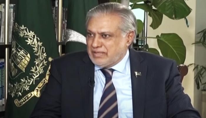 Finance Minister Ishaq Dar speaks during an interview in Islamabad, aired on July 25, 2023, in this still taken from a video. — YouTube