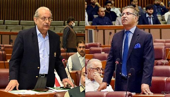 PPPs Raza Rabbani and PTIs Ali Zafar speak during the joint session of parliament on July 25, 2023. —NA Twitter