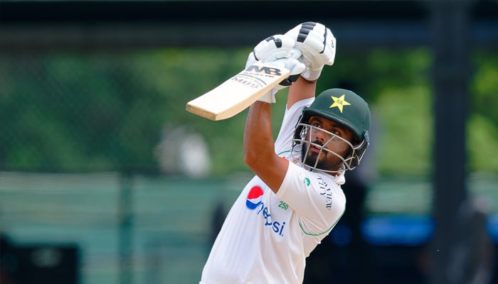Saud Shakeel plays a shot on the third day of the Colombo Test. —SLC