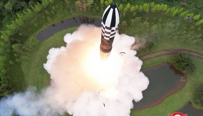 This picture taken on July 12, 2023, shows the test firing of a new intercontinental ballistic missile (ICBM) Hwasong-18 at an undisclosed location in North Korea. — AFP