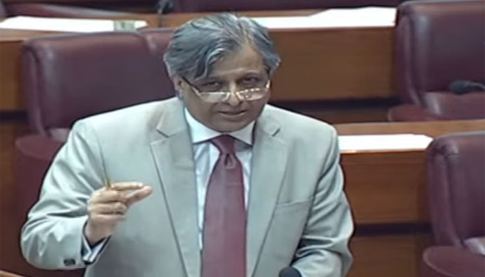 Law Minister Azam Nazeer Tarar is addressing parliaments joint session in this still taken from a video on July 26, 2023. — YouTube/PTVParliament