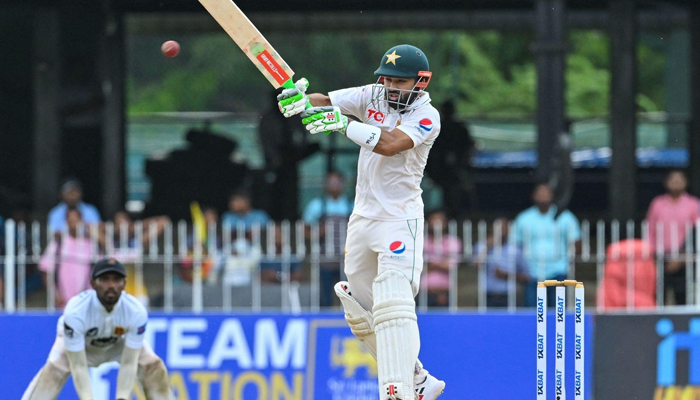 Pakistans Mohammad Rizwan hits a shot during the second Test against Sri Lanka, on July 27, 2023. — Twitter/@TheRealPCB