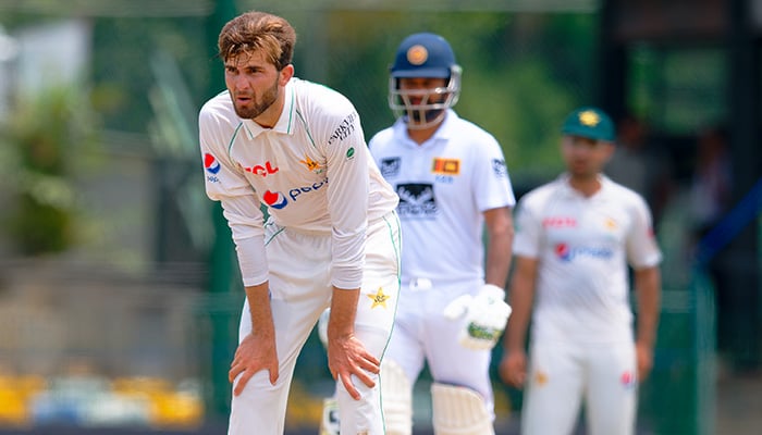 Shaheen Shah Afridi gestures during the second Test against Sri Lanka, on July 27, 2023. — PCB
