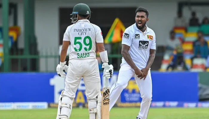Ashita Fernando celebrates after dismissing Saud Shakeel — ICC