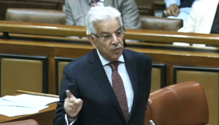 Federal Minister for Defence Khawaja Mohammad Asif speaks in Senate on July 27, 2023. — PTV/YouTube screengrab