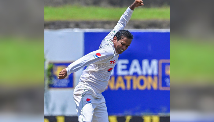 Animated spinner Noman Ali celebrates after taking a wicket on day three of the second Test in Colombo on July 27, 2023. — Twitter/@29AyeShadab07