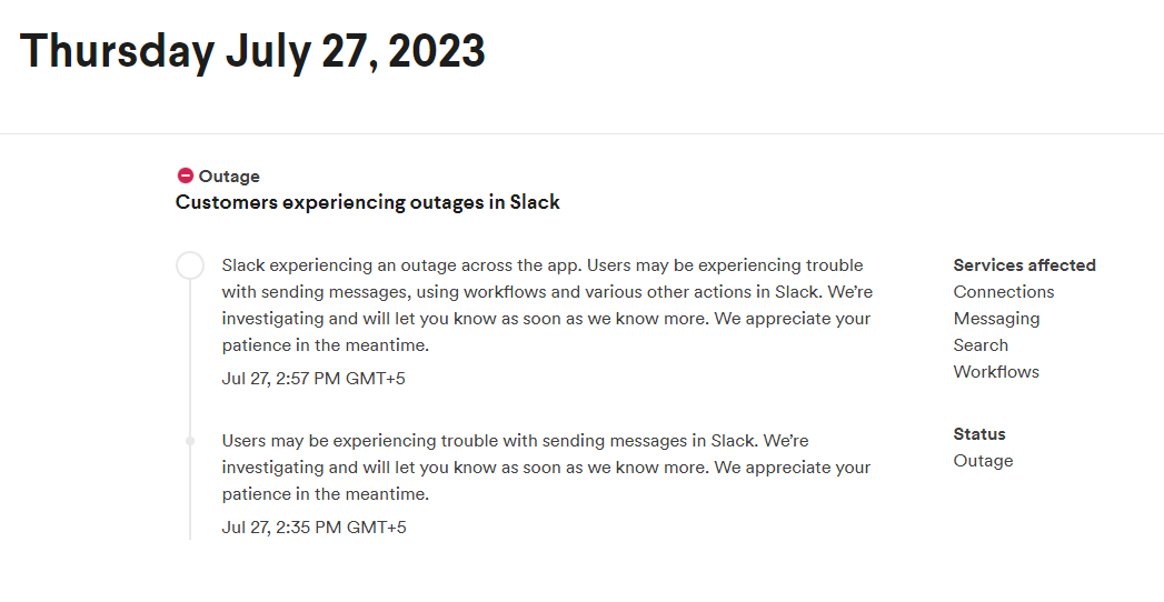 This screenshot taken on July 27, 2023, shows Slack announcing the outage. — Slack Website