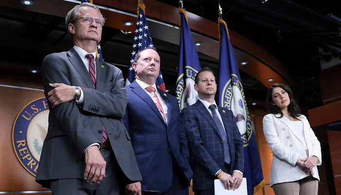 Rep. Tim Burchett (L) (R-TN) listens to a question during a press conference held by members of the House Oversight and Accountability Committee at the US Capitol on July 20, 2023 in Washington, DC. Also pictured (L-R) are Rep. Eric Burlison (R-MO), Rep Jared Moskowitz (D-FL) and Rep. Anna Paulina Luna (R-FL). — AFP