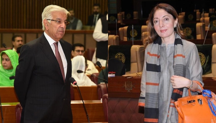 Defence Minister Khawaja Asif (left) and PPPs Sharmila Faruqui. — National Assembly/Instagram/Sharmila Faruqui