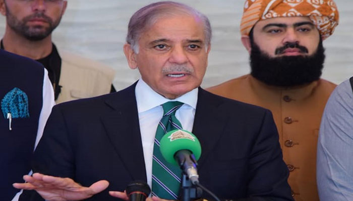 Prime Minister Shehbaz Shairf is addressing the media at Gwadar Business Centre on July 27, 2023. — PID