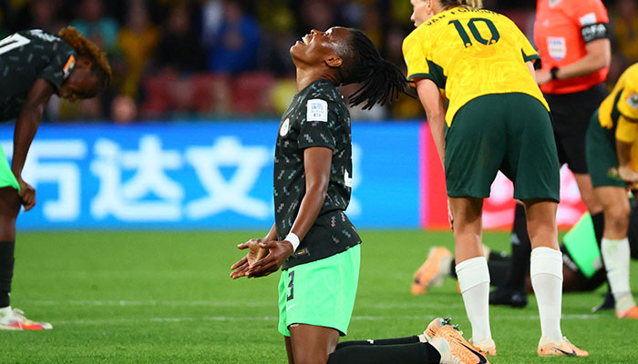 Nigeria´s defender #03 Osinachi Ohale celebrates her team´s victory after the end of the Australia and New Zealand 2023 Women´s World Cup Group B football match between Australia and Nigeria at Brisbane Stadium in Brisbane on July 27, 2023.
