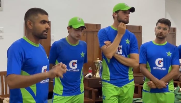 Babar Azam addresses his teammates after a win against Sri Lanka. — Twitter/@TheRealPCB