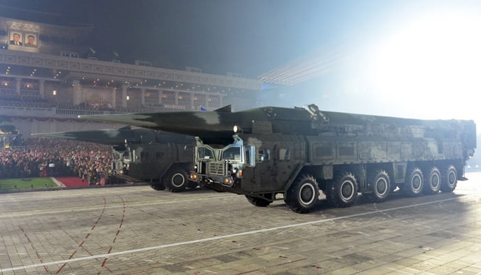 North Korean military parade held in Pyongyang featuring a nuclear-capable ballistic missiles on July 28, 2023. — KCNA