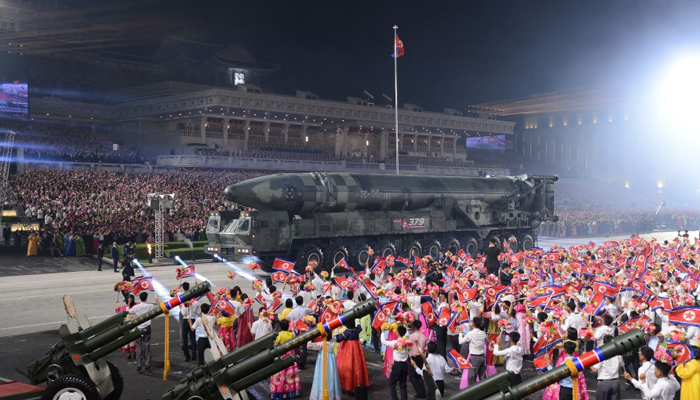 North Korean military parade held in Pyongyang featuring a nuclear-capable ICBM on July 28, 2023. — KCNA
