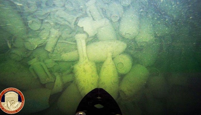 A view of amphorae found by Carabinieri Command for the Protection of Cultural Heritage in a wreck of an ancient Roman cargo ship at the bottom of the sea in Civitavecchia, near Rome, Italy, July 25, 2023. —Reuters