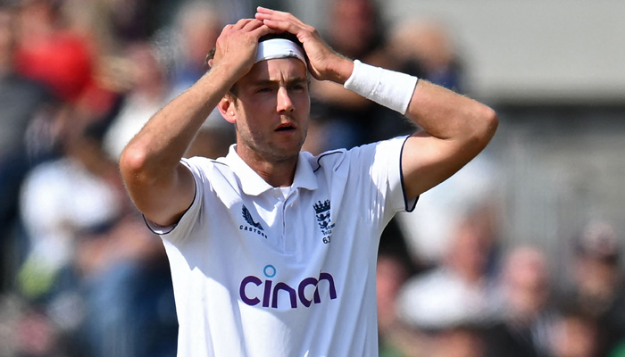 Englands Stuart Broad reacts while bowling on day three of the fourth Ashes cricket Test match with Australia at Old Trafford cricket ground in Manchester, north-west England on July 21, 2023. — AFP