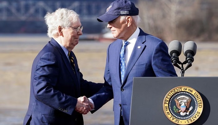 U.S. President Joe Biden shakes hands with U.S. Senate Republican Leader Mitch McConnell (R-KY) during an event to tout the new Brent Spence Bridge over the Ohio River. — Reuters/File