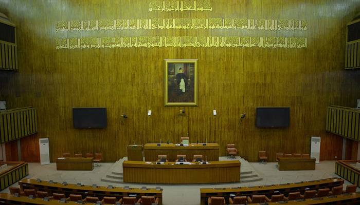 The interior of the Senate of Pakistan, located in the Parliament Buildings east wing in Islamabad, can be seen in this undated photograph. — Website/Senate of Pakistan