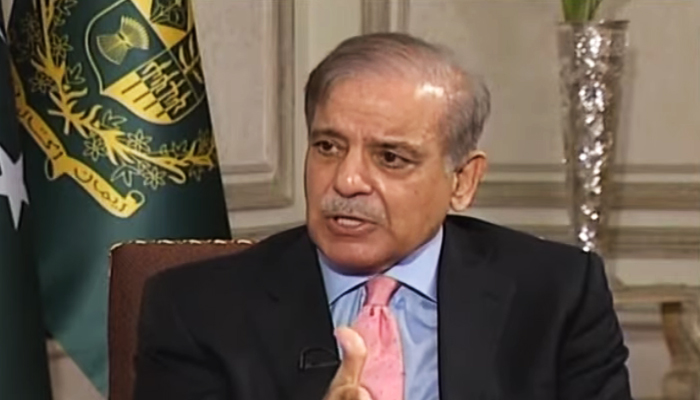 Prime Minister Shehbaz Sharif speaks during an interview on Geo News, in this still taken from a video aired on July 30, 2023. — Geo News