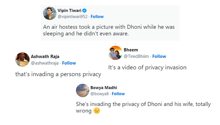 — Screengrab of tweets calling out the air hostess who videotaped MS Dhoni