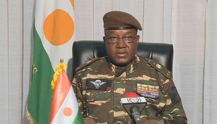 This grab image obtained from ORTN on July 28, 2023, shows General Abdourahamane Tchiani, Nigers new strongman, speaking on national television. — AFP