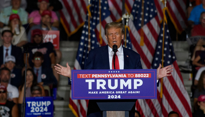 Donald Trump speaks to supporters during a rally at Erie Insurance Arena on July 29, 2023 in Erie, Pennsylvania. — AFP