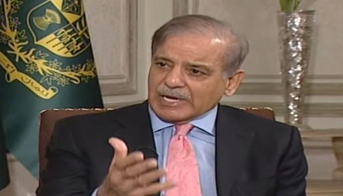 Prime Minister Shehbaz Sharif speaks during an interview on Geo News, in this still taken from a video aired on July 30, 2023. — YouTube/ Geo News
