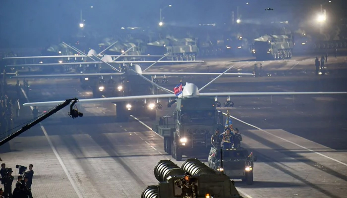 North Korean military parade held in Pyongyang, featuring nuclear-capable ICBMs, drones, and other weapons on July 28, 2023. — KCNA