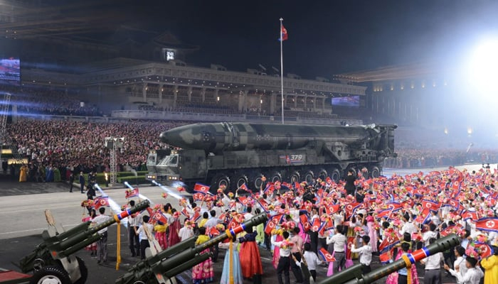 North Korean military parade held in Pyongyang featuring a nuclear-capable ICBM on July 28, 2023. — KCNA