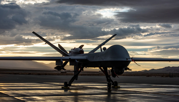 An MQ-9 Reaper sits on the flight line as the sun sets at Creech Air Force Base, Nevada. on November 20, 2019. — US Air Force via Airman 1st Class William Rio Rosado