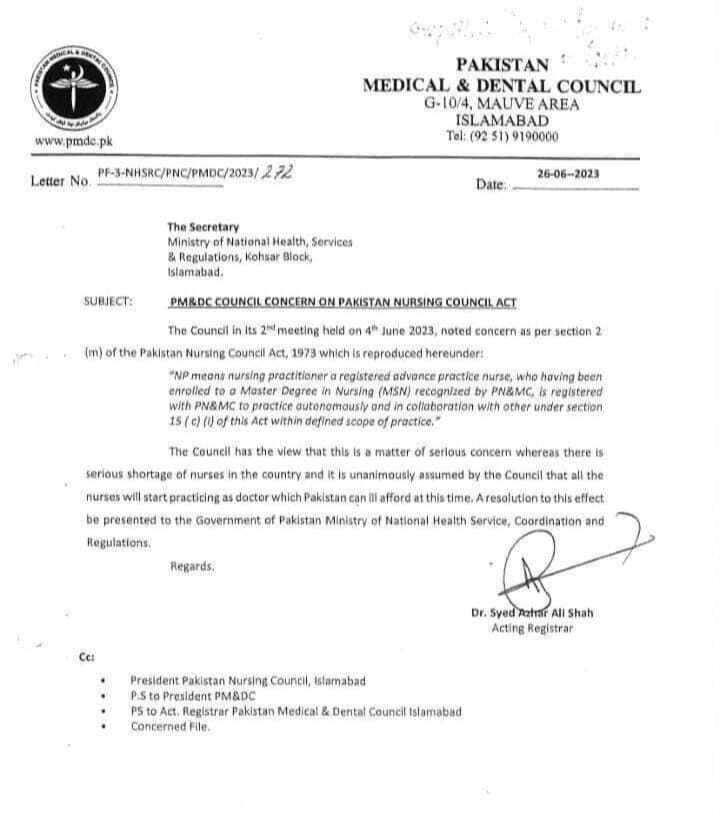 PMDC expresses concerns over Pakistan Nursing Council Act