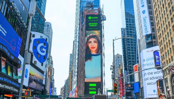 Pakistans Aima Baig shines at Times Square, NYC, US. — Spotify