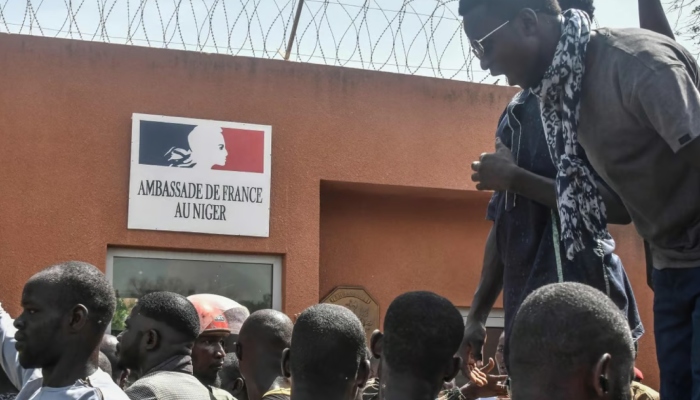 An image of protestors in front of the French embassy in Niamey during a demonstration that followed a rally in support of Niger’s junta — AFP/Files