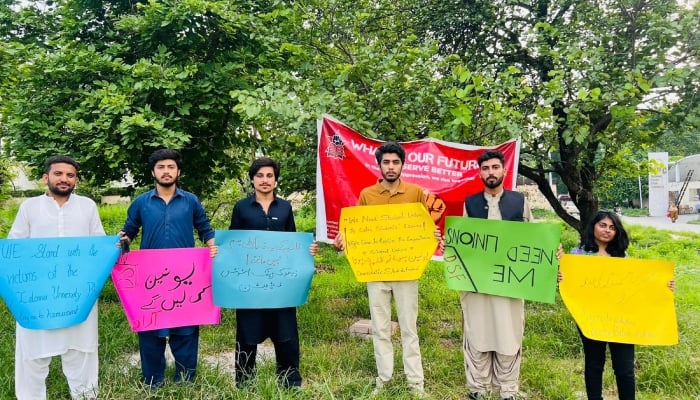 In this representational image univesity students protest for their right to form unions. — Twitter/DSF_PK