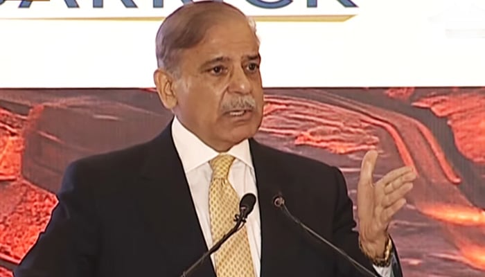 Prime Minister Shehbaz Sharif speaks during his address at the Pakistan Minerals Summit in Islamabad on August 1, 2023, in this still taken from a video. — YouTube/PTV News Live