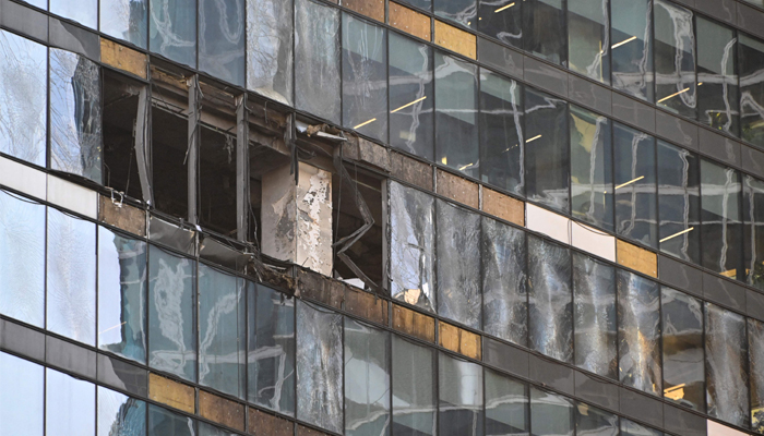 A view of a damaged office block of the Moscow International Business Center (Moskva City) following a reported drone attack in Moscow on August 1, 2023. — AFP