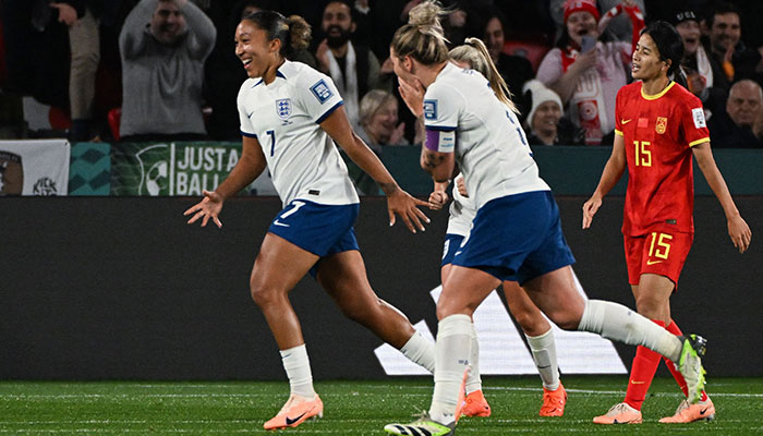 England´s forward #07 Lauren James (L) celebrates scoring her team´s third goal during the Australia and New Zealand 2023 Women´s World Cup Group D football match between China and England at Hindmarsh Stadium in Adelaide on August 1, 2023.