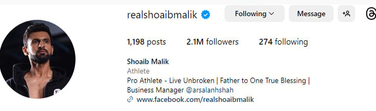 Screengrab of Shoaib Maliks current Instagram bio.