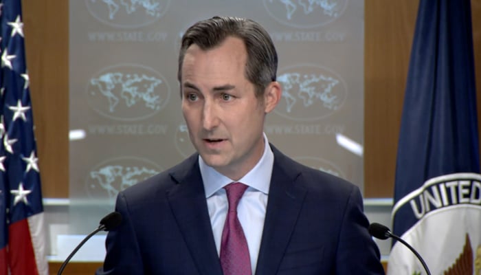 US State Departments spokesperson Matthew Miller addressing a press briefing in Washington, on August 3, 2023, in this still taken from a video. — State Department