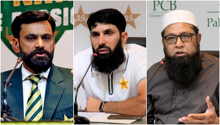(L-R) Former Pakistan captains and members of PCBs Cricket Technical Committee Mohammad Hafeez, Misbah-ul-Haq and Inzamam-ul-Haq. —PCB