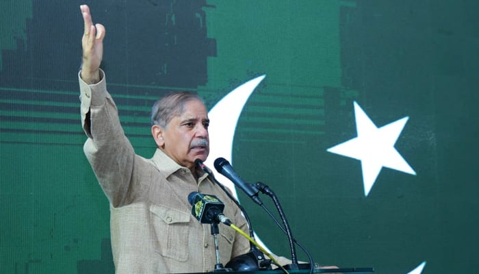 Prime Minister Muhammad Shehbaz Sharif addressing a ceremony to inaugurate Barakahu Bypass in Islamabad on August 3, 2023. — PMs Office