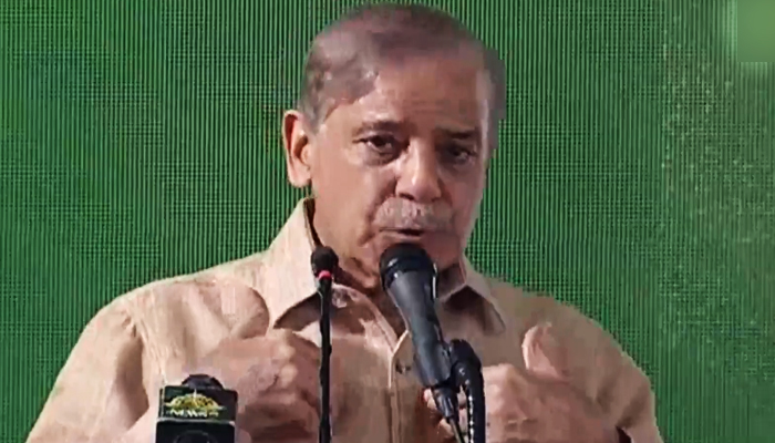 Prime Minister Shehbaz Sharif addressing a ceremony in Islamabad, on August 3, 2023, in this still taken from a video. — YouTube/PTVNewsLive