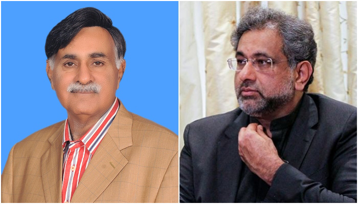 Former prime minister Shahid Khaqan Abbasi (right) and independent lawmaker from Balochistan Aslam Bhootani. — National Assembly/Reuters/File