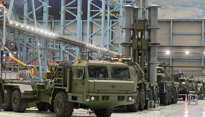 Military vehicles are pictured at a plant, which is part of Russian missile manufacturer Almaz-Antey, in Saint Petersburg on January 18, 2023. — AFP